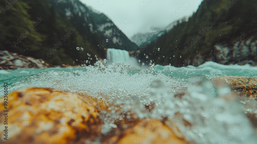 Poster closeup of water droplets splashing in a river with a waterfall in the background
