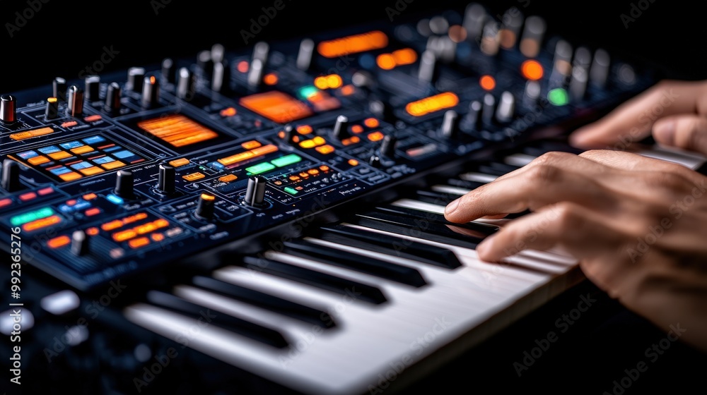 Poster musician s hands playing synthesizer keyboard with illuminated buttons