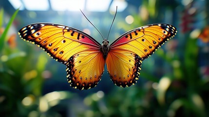 Naklejka premium Vibrant Yellow Butterfly with Black and Red Markings in Flight Against Green Foliage