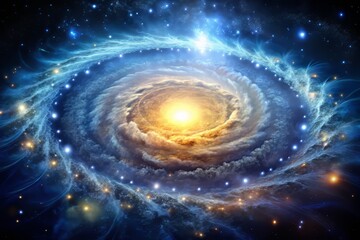 Obraz premium Bright, luminous core of a distant galaxy, surrounded by a aureole of soft, feathery light, with intricate details and textures rendered in high-definition.