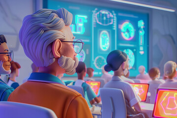 Futuristic senior people study and learning new technology digital data during conference presentation and training seminar meeting. Economic and network connectivity.