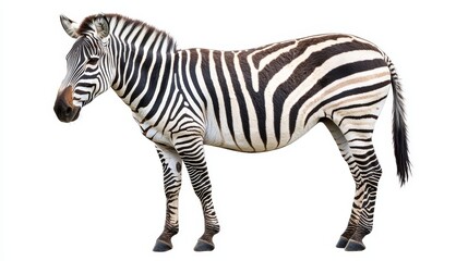 Obraz premium Majestic Zebra Standing on White Background Showcasing Unique Black and White Stripes in High-Resolution Stock Photo