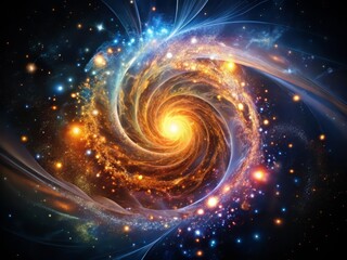 Obraz premium A vortex of swirling particles and antiparticles in a brilliant display of cosmic energy, set against a stark black background to emphasize the vibrant colors and intricate patterns.