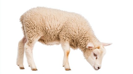 Obraz premium Adorable White Sheep Grazing on a Clean White Background - Perfect for Agricultural and Animal-Themed Projects