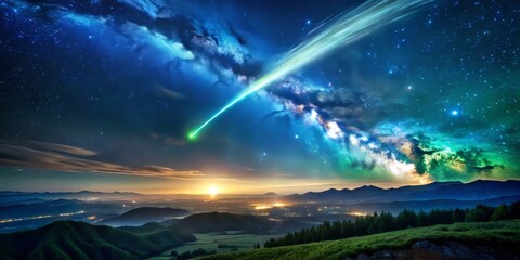 Obraz premium A meteor streaking across the sky, its trail glowing bright green and blue as it ionizes the atmosphere, with the landscape below bathed in an ethereal, alien-like light.