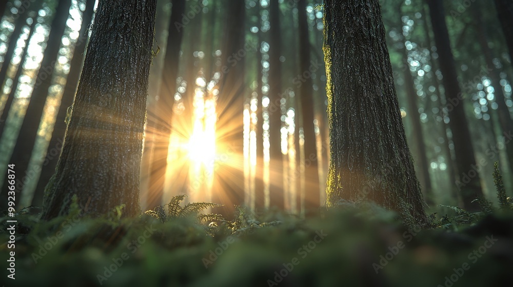 Poster sun rays through forest trees with bokeh