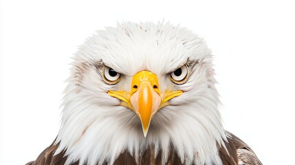 Obraz premium Majestic Bald Eagle Close-Up on White Background - Detailed Portrait of Powerful Bird of Prey