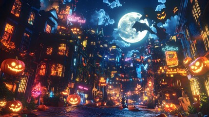Fototapeta premium A vibrant comic book-style cityscape at night, with bold lines and exaggerated colors, featuring costumed characters in Halloween attire battling monsters under a full moon. The streets are 