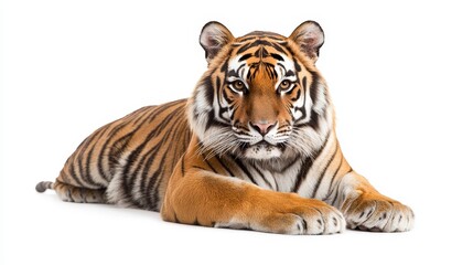 Obraz premium Majestic Bengal Tiger Lying Down on White Background, Showcasing Striking Stripes and Intense Gaze