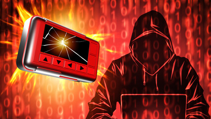 Hacker hacks pager. Digital gadget explodes after hacker intervenes. Hacking pager during cyber...