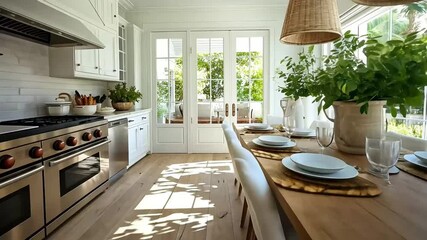 Bright kitchen with a farmhouse dining table, wood floors, and white cabinets, with French doors leading to a backyard. - Powered by Adobe