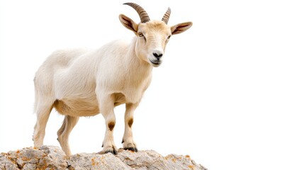 Fototapeta premium Majestic Mountain Goat Standing on Rocky Terrain Against a Pristine White Background