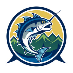 Fishing Logo Design: A bold and vibrant fish leaps from the water, set against a backdrop of majestic mountains, symbolizing the thrill of the catch and the allure of the great outdoors.  