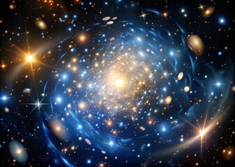 Obraz premium In the heart of a dense galaxy cluster, gravity's subtle influence sends ripples through the fabric of space, perturbing the motion of stars and planets