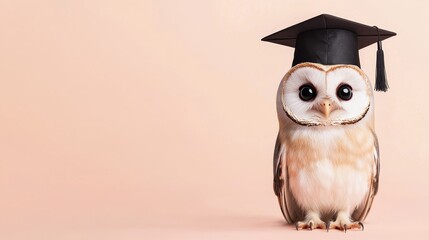 Fototapeta premium Cute Owl Wearing Graduation Cap on Pastel Background - Adorable Animal in Academic Attire