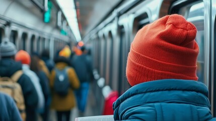Middle Class Families Commuting on Subway Train in Winter, Wearing Warm Clothing and Hats, Urban Lifestyle