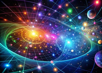 Obraz premium Vibrant Visualization of Dark Energy Fields: A bright, neon-colored representation of dark energy fields permeating the universe, with clean lines and geometric shapes.