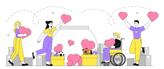 Volunteers with hearts. Men and women with hearts in their hands. Charity, generosity and kindness. Charity fund activists. Linear vector illustration