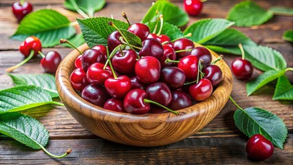 Fresh Ripe Cherries in a Wooden Bowl Surrounded by Lush Green Leaves on a Rustic Wooden Table