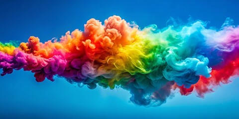 Obraz premium Vibrant rainbow smoke cloud swirls and drifts against a clear blue sky
