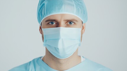 Healthcare Professional in Protective Medical Gear, Face Mask, and Surgical Cap, Ready for Patient Care in a Clinical Setting