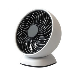 A white fan with a black face sits on a white background