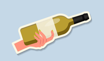 Wine festival sticker. Hand with bottle of wine. Winery and winemaking, vineyard. Alcoholic drinks and beverages. Poster or banner. Flat vector illustration