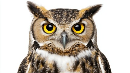 Obraz premium Close-up Portrait of a Majestic Owl with Bright Yellow Eyes on a White Background