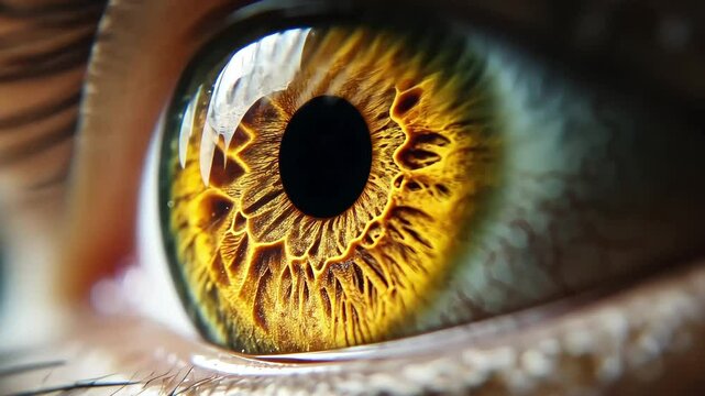 Close-up of a human eye with golden iris and long eyelashes.