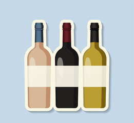 Wine festival sticker. Bottles of wine. Winery and winemaking, vineyard. Alcoholic drinks and beverages. Template and layout. Flat vector illustration