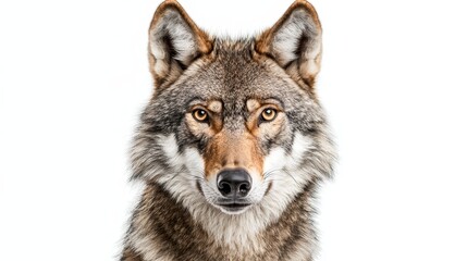 Obraz premium Close-up Portrait of a Majestic Wolf on a White Background Highlighting Its Intense Gaze and Beautiful Fur