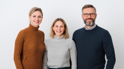 Happy Middle Class Family Posing Together in Casual Clothing Against a White Background