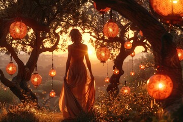 woman holding a lantern in a dark forest