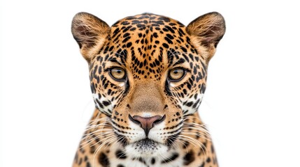Obraz premium Close-Up Portrait of a Majestic Leopard on a White Background Showcasing Its Intense Gaze and Beautiful Fur Patterns