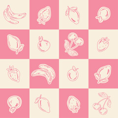 Materiał do szycia Picnic fruits seamless pattern, summer, vacation, cherry, lemon, orange, watermelon, pineapple, banana, strawberries vector hand draw, background, print, textile, fashion, fabric, wallpaper