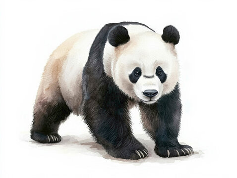 A charming giant panda in a watercolor style, showcasing its iconic black-and-white fur, symbolizing wildlife conservation and the beauty of nature&rsquo;s gentle creatures.