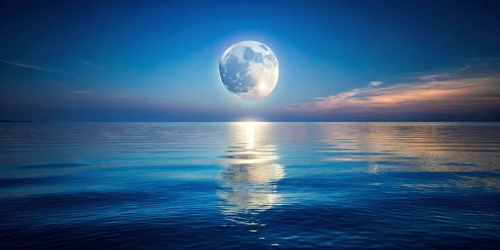 A full moon hangs low over a calm, blue ocean, its reflection shimmering on the water's surface, creating a captivating scene of serenity and celestial beauty.