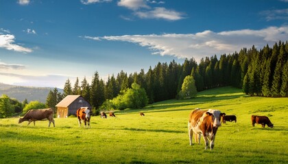 Obraz premium farm and cows eating in the meadow