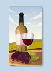 Wine party poster. Bottle and glass with alcoholic drinks. Winery and winemaking, vineyard. Alcoholic drinks and beverages. Cover or banner. Flat vector illustration
