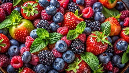 Fototapeta premium A vibrant mix of fresh strawberries, blueberries, blackberries, and raspberries, with sprigs of mint adding a refreshing touch.