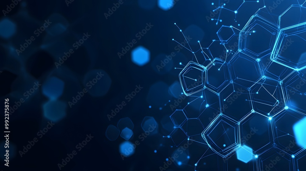 Poster abstract blue hexagon network with glowing nodes