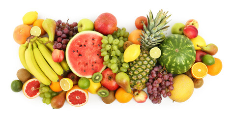 Many fresh ripe fruits isolated on white, top view