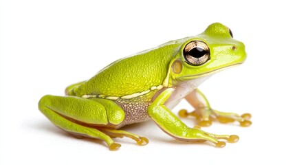 Obraz premium Bright Green Tree Frog on White Background - Close-Up of Vibrant Amphibian with Detailed Skin Texture and Clear Eyes