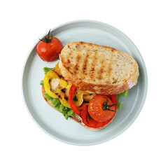 Tasty sandwich with grilled vegetables isolated on white, top view