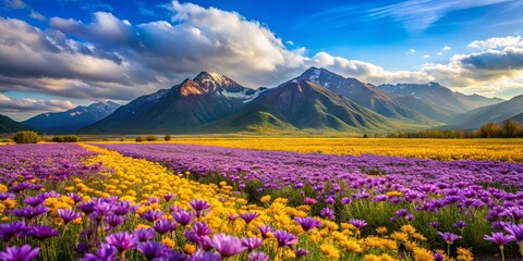 Striking Panorama of a Mountainous Landscape Adorned with a Vivid Tapestry of Purple and Yellow Wildflowers