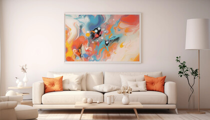 Abstract Painting in White Living Room with Sofa and Floor Lamp