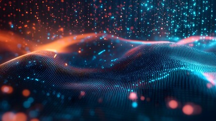 Abstract Digital Landscape with Blue and Orange Glowing Particles