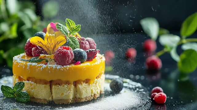 Delicious mango cake with fresh berries and mint leaves, on a black slate surface.