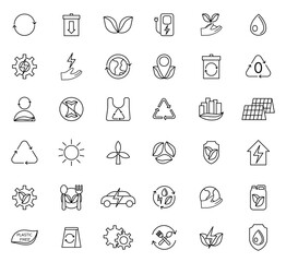 Zero waste line icons set. Green energy and electricity, sustainable lifestyle. Caring for ecology and environment. Recycling and reuse. Linear vector collection