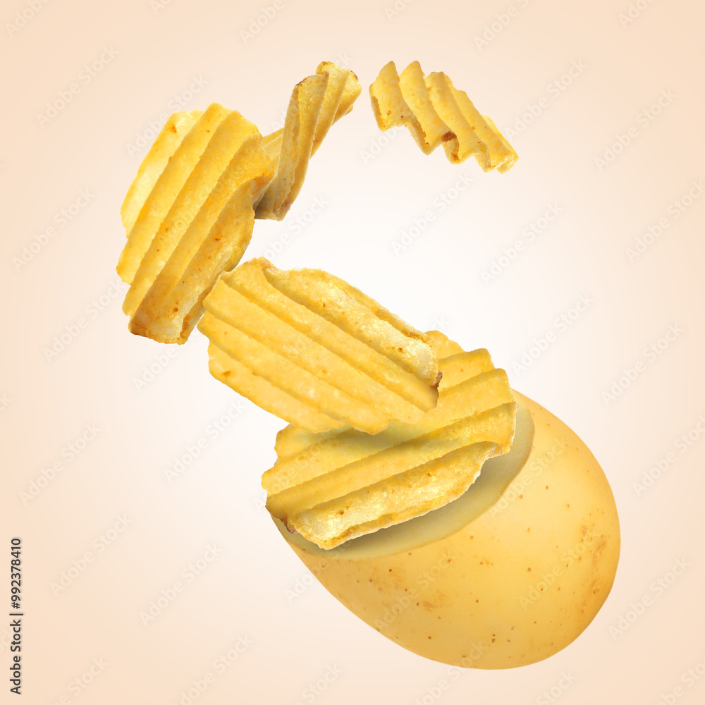 Wall mural raw potato turning into tasty crispy chips in air on beige gradient background